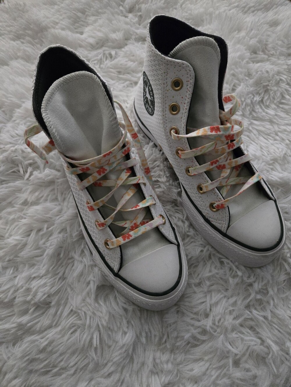 White High-Top Canvas Sneakers with Floral Laces